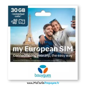 BOUYGUES My European SIM PREMIUM | 30Go illimité FR/EU + 25€ Monde