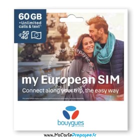 BOUYGUES My European SIM PREMIUM+ | 60Go illimité FR/EU + 25€ Monde