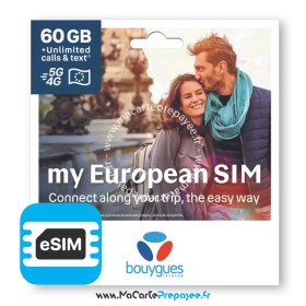 BOUYGUES My European eSIM PREMIUM | 60Go illimité FR/EU + 25€ Monde
