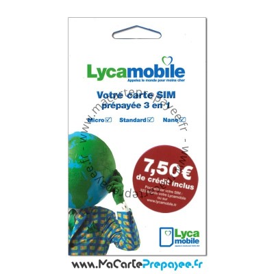Carte sim prépayée Lycamobile 7.5€ de crédit inclus