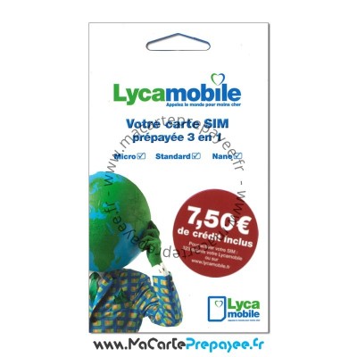 Carte SIM prépayée Lycamobile 7,5€ de crédit inclus