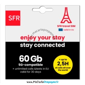Carte SFR Travel SIM 5G | Illimité + 60Go + FR/UE + 15€ Monde